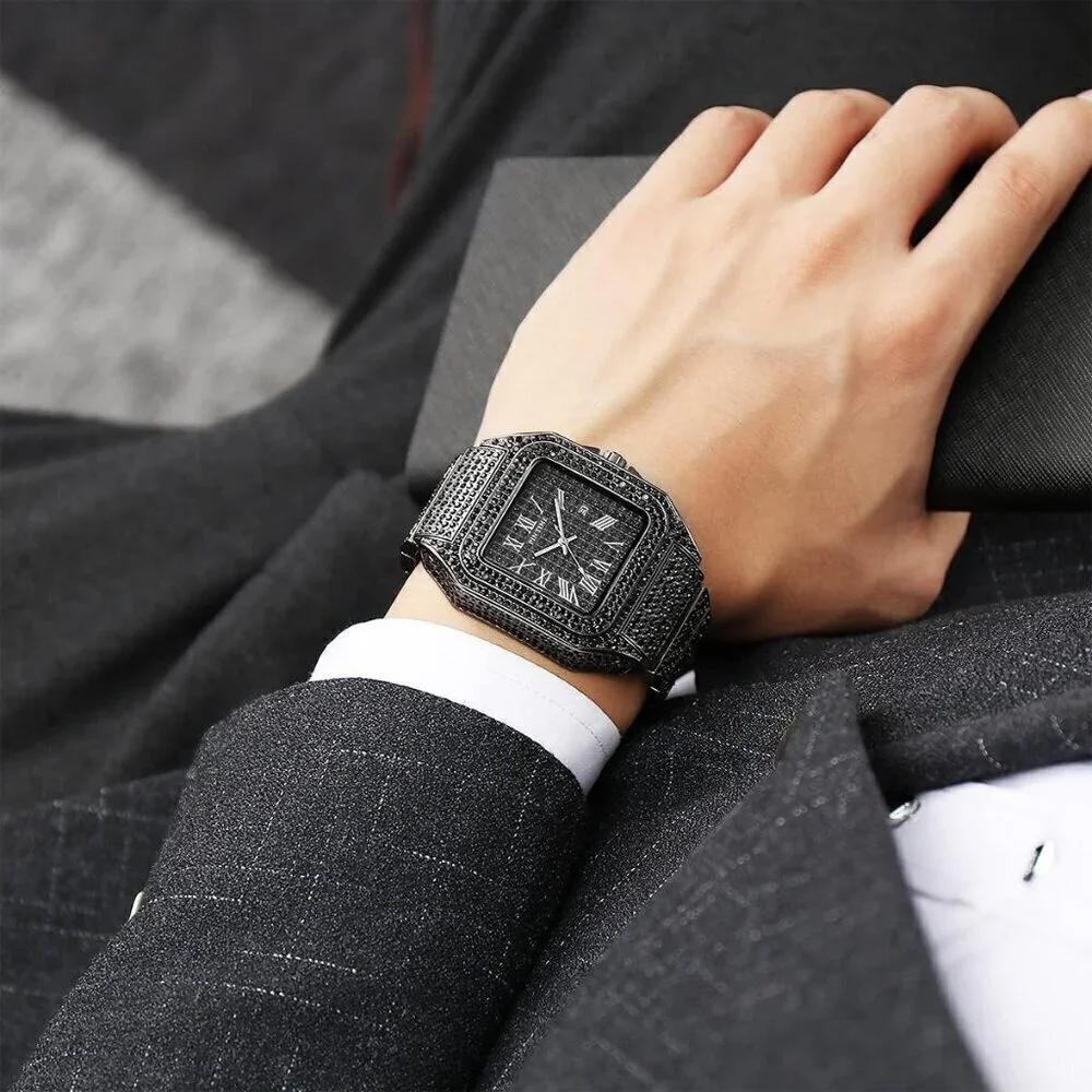 🆕Gosasa Analog Quartz Men Black Fashion Crystal Stainless Bracelet Wristwatch